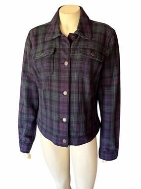 Ralph Lauren Women's Plaid Tartan Button-Front Trucker Jacket Blue Green Large